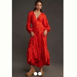 Farm Rio Long-Sleeve V-Neck Jacquard Maxi Dress